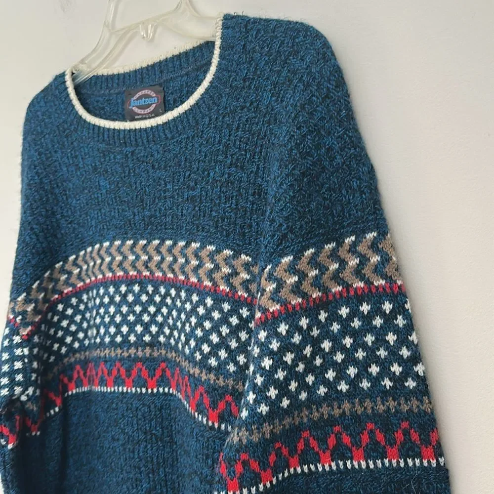 Vintage 80s Jantzen Wool Blend Fair Isle Nordic Sweater Blue Made in USA Size L